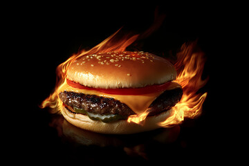 Flame-Kissed Burger: A mouthwatering burger on fire, with flames elegantly encircling the juicy patty, cheese, and fresh toppings, against a dark background.
