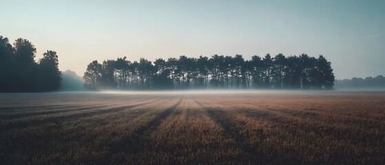 Mysterious and serene autumn landscape with a winding path leading through a foggy golden meadow surrounded by a dense atmospheric forest  This tranquil