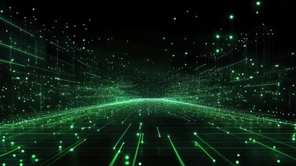 Futuristic Cyberpunk Digital Landscape with Glowing Green Wireframe Grids and Floating White Nodes