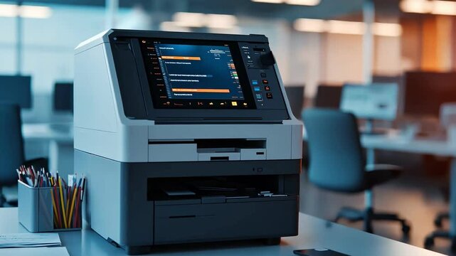 Modern multifunction printer with touchscreen for efficient office printing and scanning, enhancing productivity and workflow.