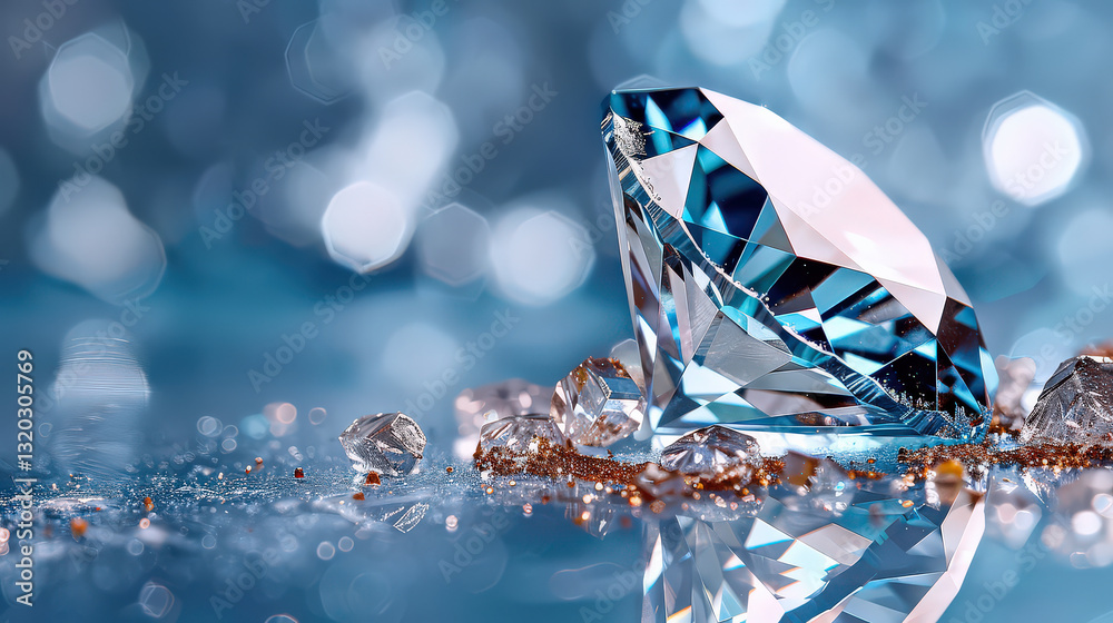 Aufkleber stunning close up view of brilliant cut blue sapphire surrounded by smaller diamonds on reflective s