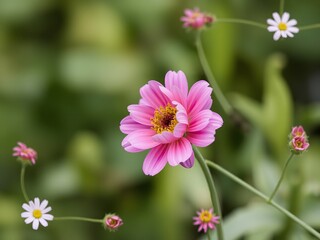 Obraz premium Delicate pink flower blooming in a lush green field under bright sunny skies and gentle breeze