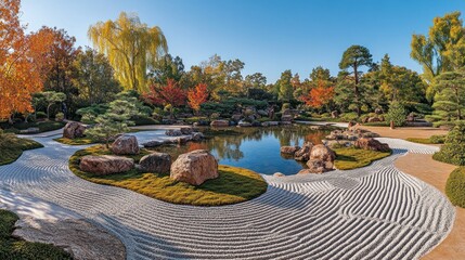 Serene autumnal garden with pond, rocks, and raked gravel