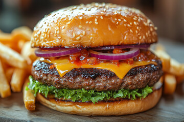 Delicious burger with cheese, lettuce, and fries on side