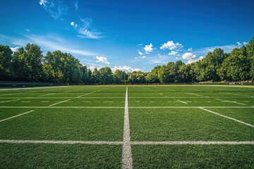 Obraz premium Green turf football field under a bright blue sky. Perfect for sports, recreation, and game day themes.