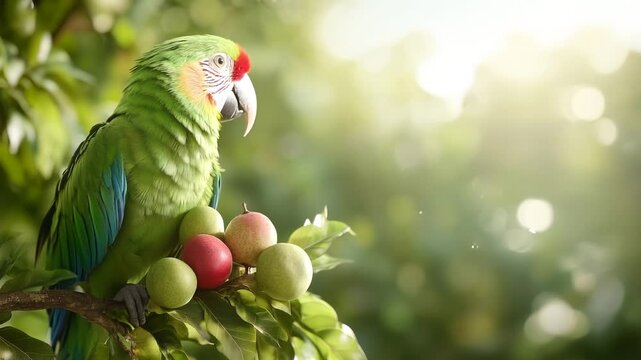 Exotic Parrot in Paradise: A vibrant green parrot perches on a branch laden with ripe apples. It presents a vivid image of tropical beauty under the sunlight. 