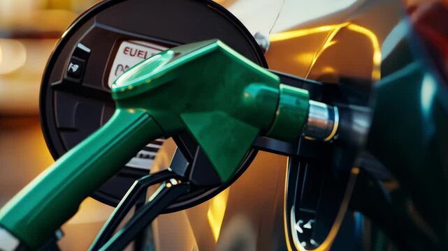 A fuel pump nozzle inserted into a car's tank, with a blurred background.