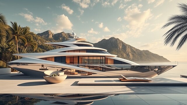 Luxurious yacht anchored calmly in the crystal clear waters under the bright blue sky of summer