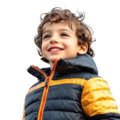 smiling boy in yellow and blue puffer jacket on transparent background
