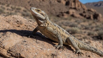 Obraz premium Lizard Defensively Climbing Rock in Barren Desert