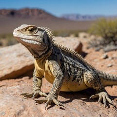 Spiny-Tailed Lizard Climbing Jagged Rock in Desert