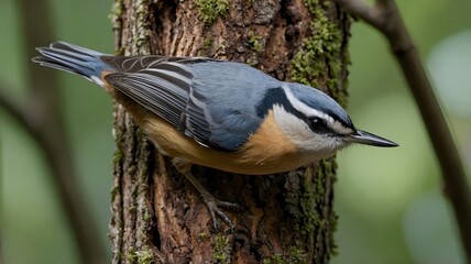 Fototapeta premium A Nuthatch Swiftly Moving Through the Branches of a Thick, Forested Area