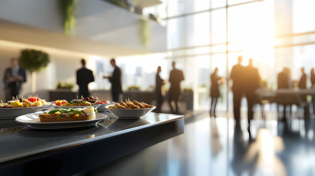 Business Luncheon: A modern business environment with buffet dishes arranged, professionals in the blurry background