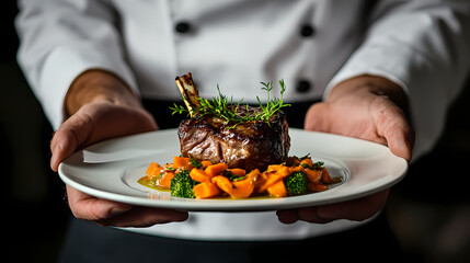 Culinary Masterpiece: A chef presents a beautifully plated gourmet meal, showcasing culinary skill and attention to detail, ready for a fine dining experience.