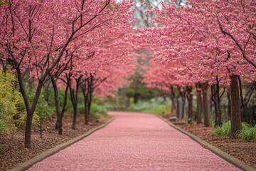 Naklejka premium Serene Pathway Through Blossoming Cherry Trees in Springtime Beauty