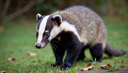 Fototapeta premium Badger walking confidently on the green grass