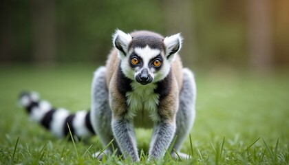 Obraz premium Lemur jumping playfully in a green grassy field