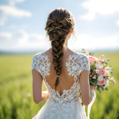 들판에서의우아한신부뒷모습
