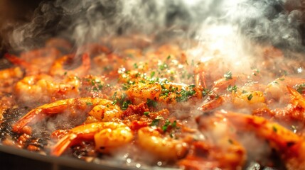 Delicious Shrimp Dish Being Cooked with Spices and Herbs, Steaming in a Pan, Culinary Scene of Fresh Seafood Preparation