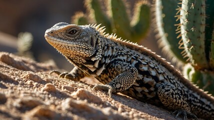 Obraz premium Close-Up of Spiny-Tailed Lizard Resting in Cactus Shade