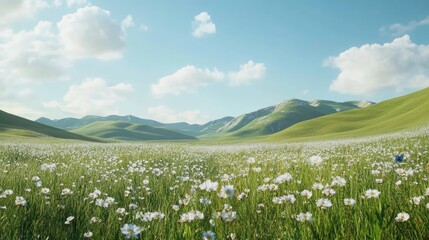 Tranquil Meadow, A Serene Landscape with Blooming Flowers and Distant Hills