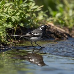 Obraz premium Wagtail Hopping by a Shallow Stream Surrounded by Lush Vegetation