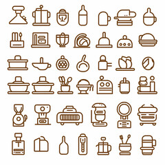 Kitchen Utensil Icons: A collection of various kitchen utensil icons, designed in a minimalist line art style with a focus on clean lines and simplicity.