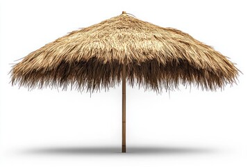Tropical Beach Parasol With Wooden Pole Isolated On Clean White Background