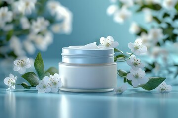 Soothing skincare cream jar with white flowers and green leaves on a pastel background