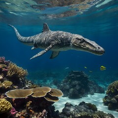 Mosasaurus Gliding Through Vibrant Coral Reef