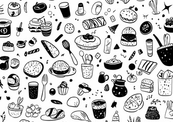 Delicious Doodle: A delightful hand-drawn pattern of various food items, from savory to sweet, creating a mouth-watering visual feast.