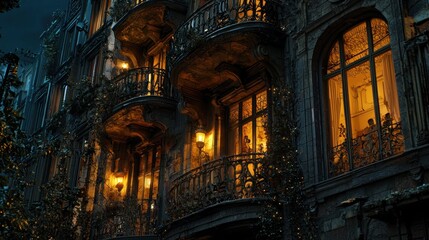 Fototapeta premium Night view of an ornate building with illuminated windows and balconies.