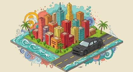 Vibrant urban oasis. Vector city and set of urban buildings. JPEG version.