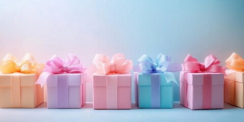 Obraz premium Pastel Gift Boxes with Ribbons on Soft Blue Background for Celebration and Holidays