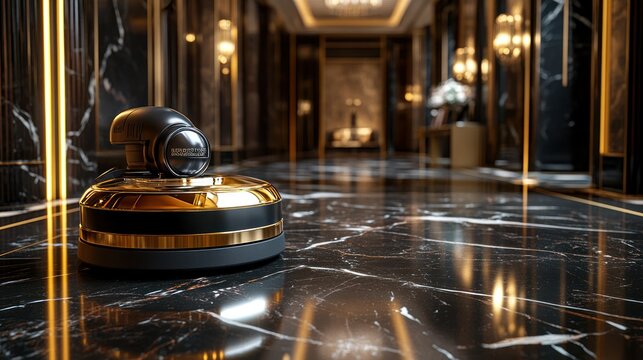 Sleek black and gold robotic security camera in luxurious marble hallway