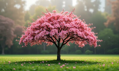 A beautiful pink cherry blossom tree sitting on top of green grass.