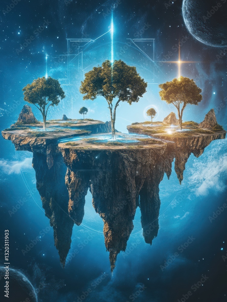 Aufkleber Floating islands connected by portals create gateways to different virtual worlds in the metaverse at dawn