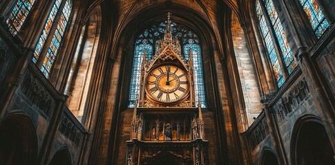 Obraz premium Grand Cathedral Clock Tower with Stained Glass Windows
