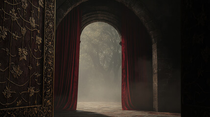 Fototapeta premium A grand bronze archway, its surface adorned with intricate floral engravings, framing a foggy forest