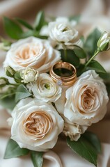 Obraz premium Elegant Romantic Wedding Invitation with Golden Rings White Roses and Satin Ribbons