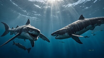 Fototapeta premium Mosasaurus vs Giant Prehistoric Shark in Open Waters