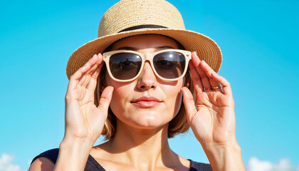 Woman adjusting sunglasses against a bright blue sky