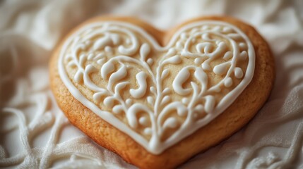 Delicate heart-shaped cookie bakery food art cozy kitchen close-up love treats