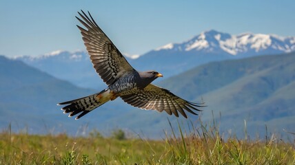 Obraz premium Cuckoo Flying Over a Vast Meadow with a Scenic Mountain Backdrop