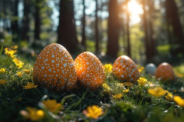 Easter Egg Hunt in Sunlit Forest with Multicolor Eggs and Children Playing Outdoors