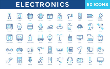 Electronics icon set with wireless mouse, socket, chip, music player, battery, wireless charger, megaphone, speaker, power socket, satellite dish icon. Simple outline color vector 
