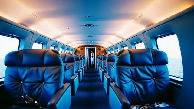 Luxury interior of genuine leather in the modern Private jet, symbolizing luxury, travel, comfort, exclusivity, and success.