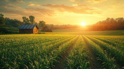 Obraz premium renewable energy for sustainable agriculture concept picture of solar panels or photovoltaics at maize of corn field. 