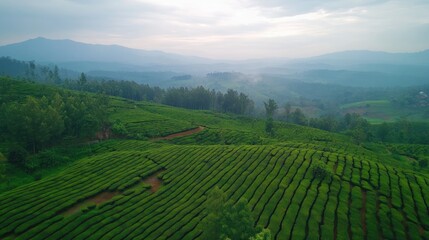 Fototapeta premium Lush green tea plantation hills under a hazy mountain sky