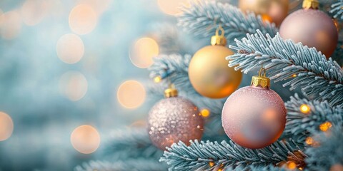 Serene Christmas Scene with Frosted Pine Branches Pastel Ornaments and Soft Bokeh Lights